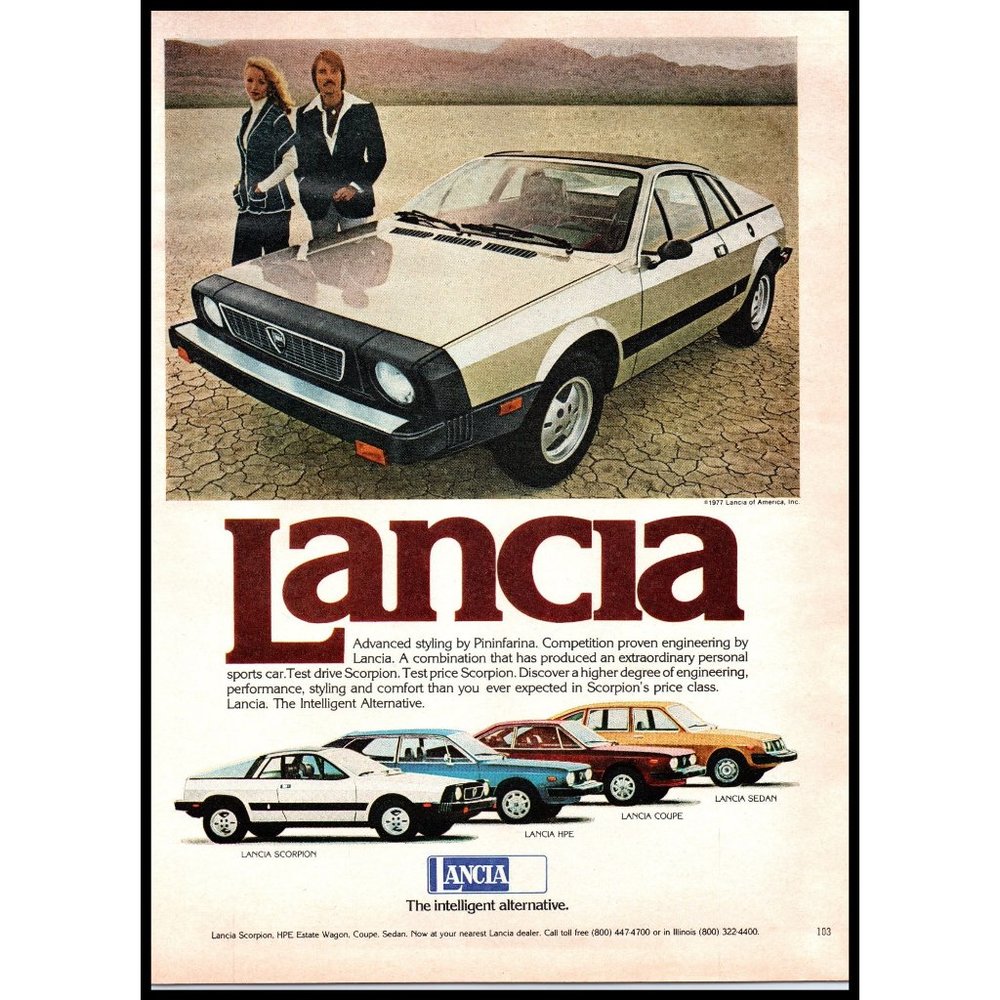 1978 Lancia Scorpion 2 Door Sports Car Vintage Print Ad Pininfarina Wall Art